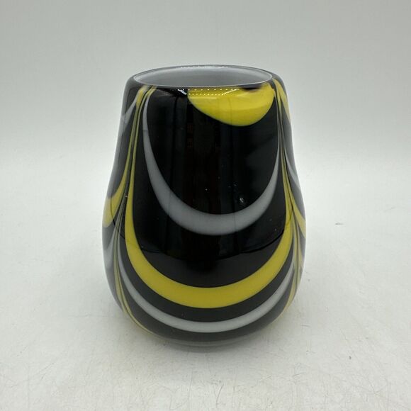 Vase Glass Hand Blown Black White Yellow Small 4.5” Candle Holder - Picture 4 of 15